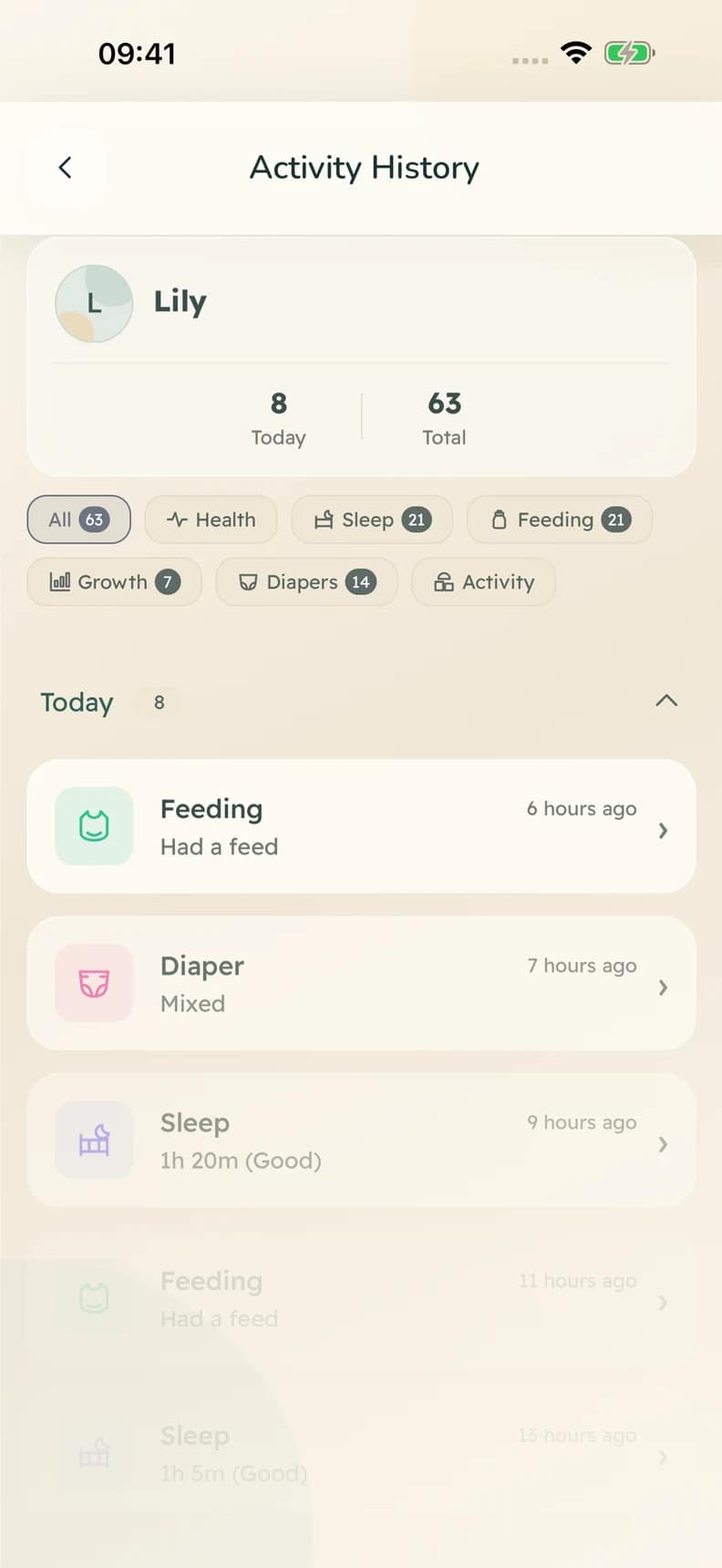 Lulnara care timeline screen